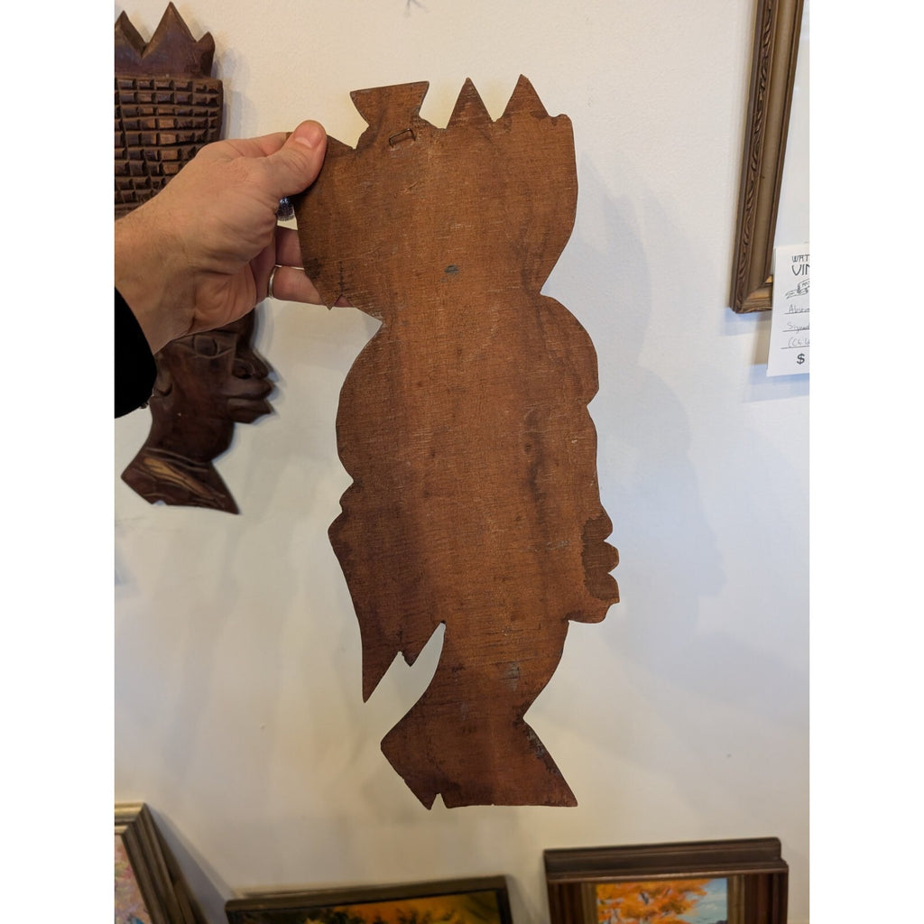 Vintage Haitian Carved Faces Pair Couple Wooden Wall Hangings