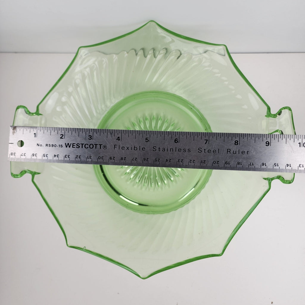 10" UV Uranium Glass Imperial Twisted Optic Handled Serving Bowl Vintage