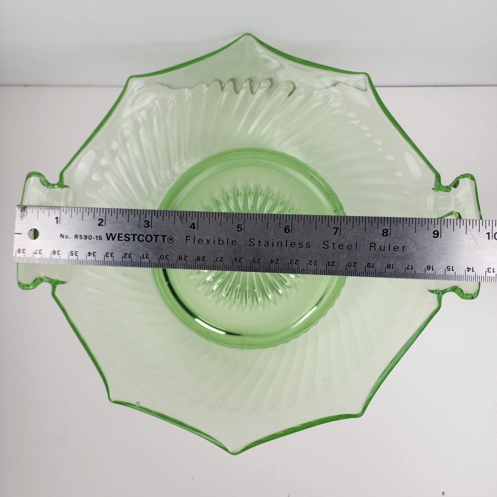 10" UV Uranium Glass Imperial Twisted Optic Handled Serving Bowl Vintage