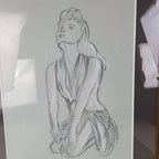 1945 Pair of PinUp Charcoal Pencil Sketches Female Figure Portrait Gold Frame