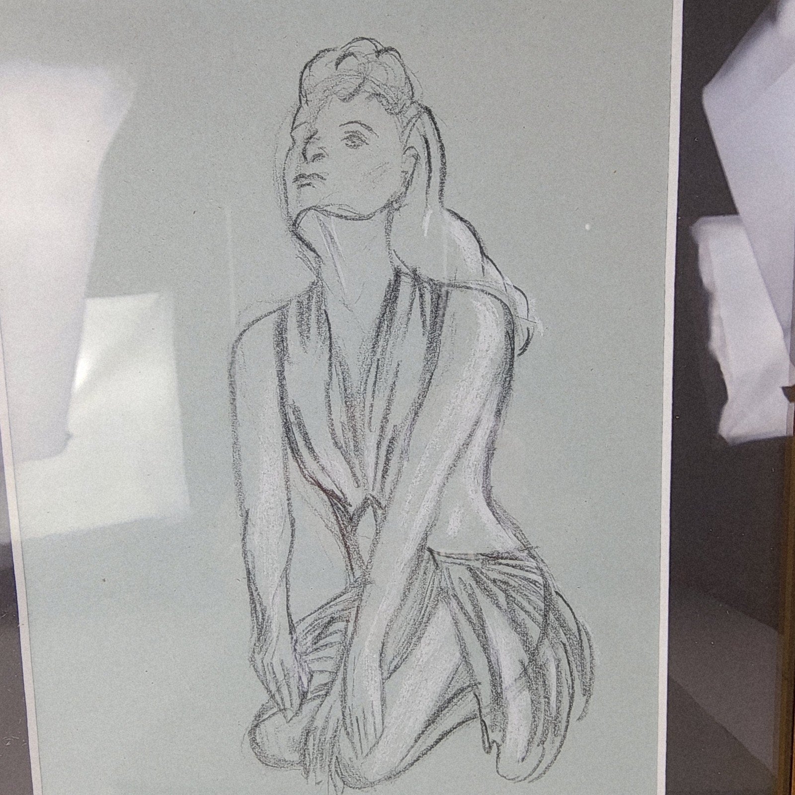 1945 Pair of PinUp Charcoal Pencil Sketches Female Figure Portrait Gold Frame