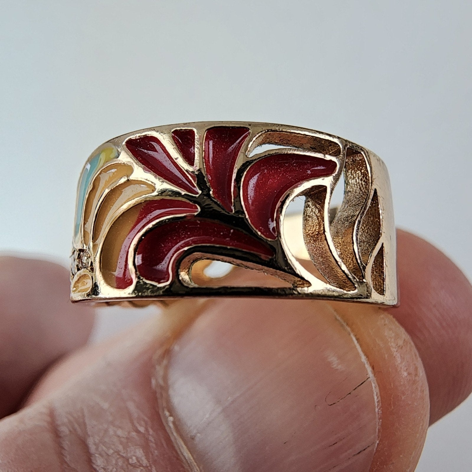 Floral Enamel Band Ring Size 8 Gold Over Sterling Silver 925 Vintage