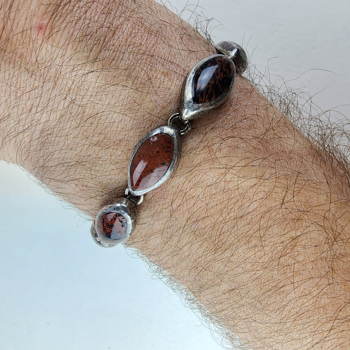 7 1/2" Mahogany Obsidian Inlay Taxco Bracelet Sterling Silver 950