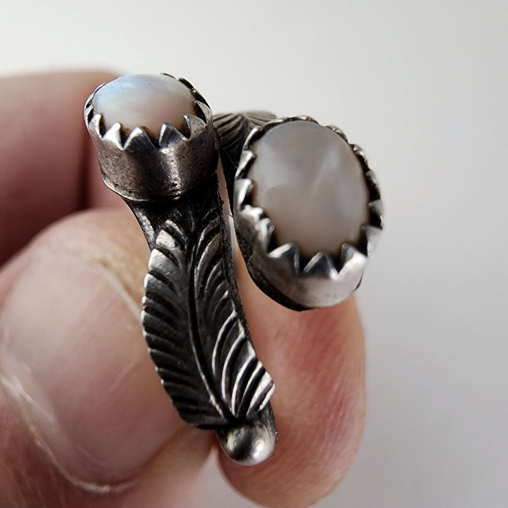 Running Bear Mother of Pearl Bypass Native Ring Size 4 1/2 Sterling Silver 925