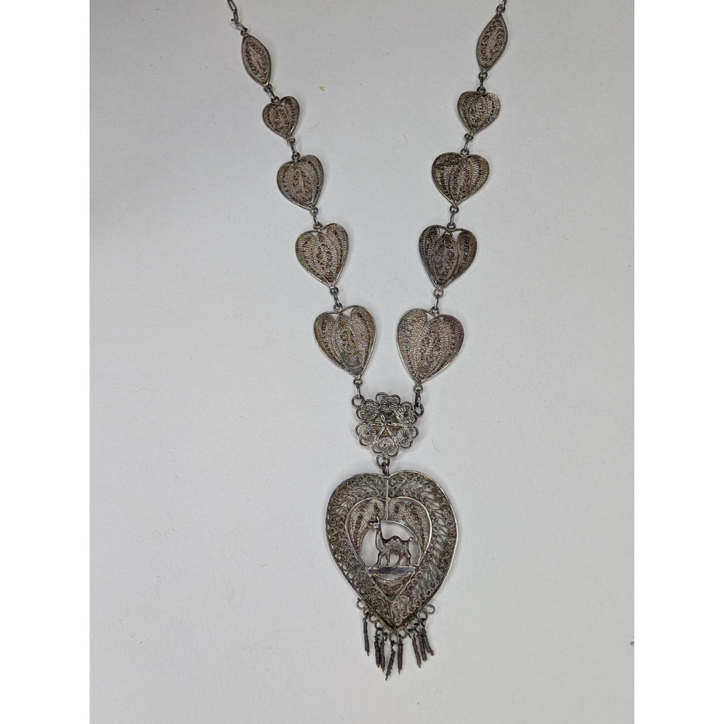 Vintage Filigree Sterling Silver 925 Heart Necklace w/ Camel 18 1/2" Tribal Peru
