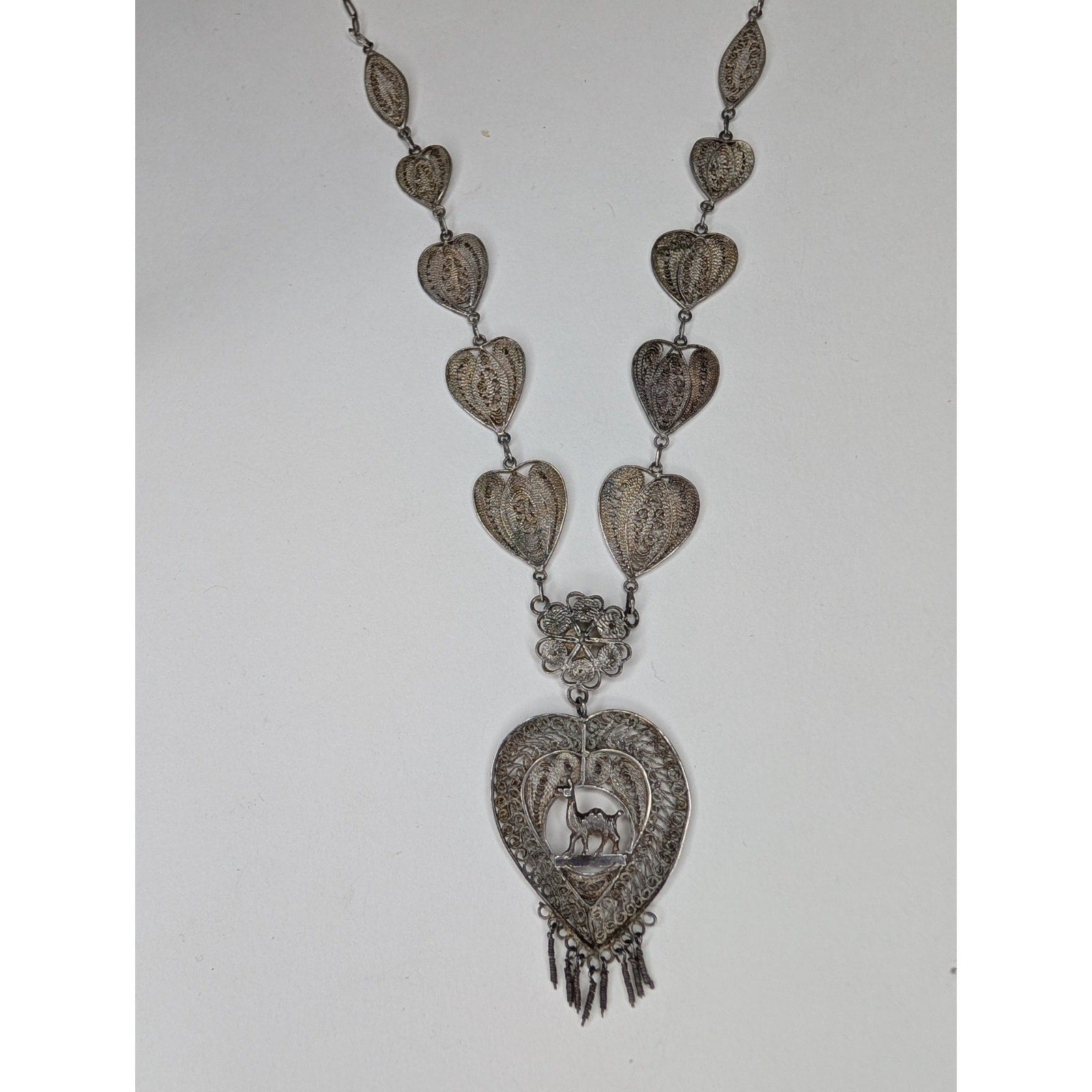 Vintage Filigree Sterling Silver 925 Heart Necklace w/ Camel 18 1/2" Tribal Peru