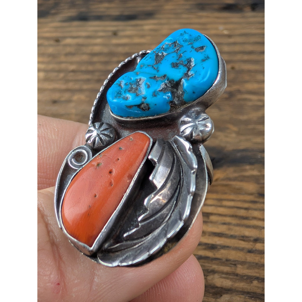 Old Pawn CORAL and TURQUOISE Sterling Silver 925 Ring Size 7