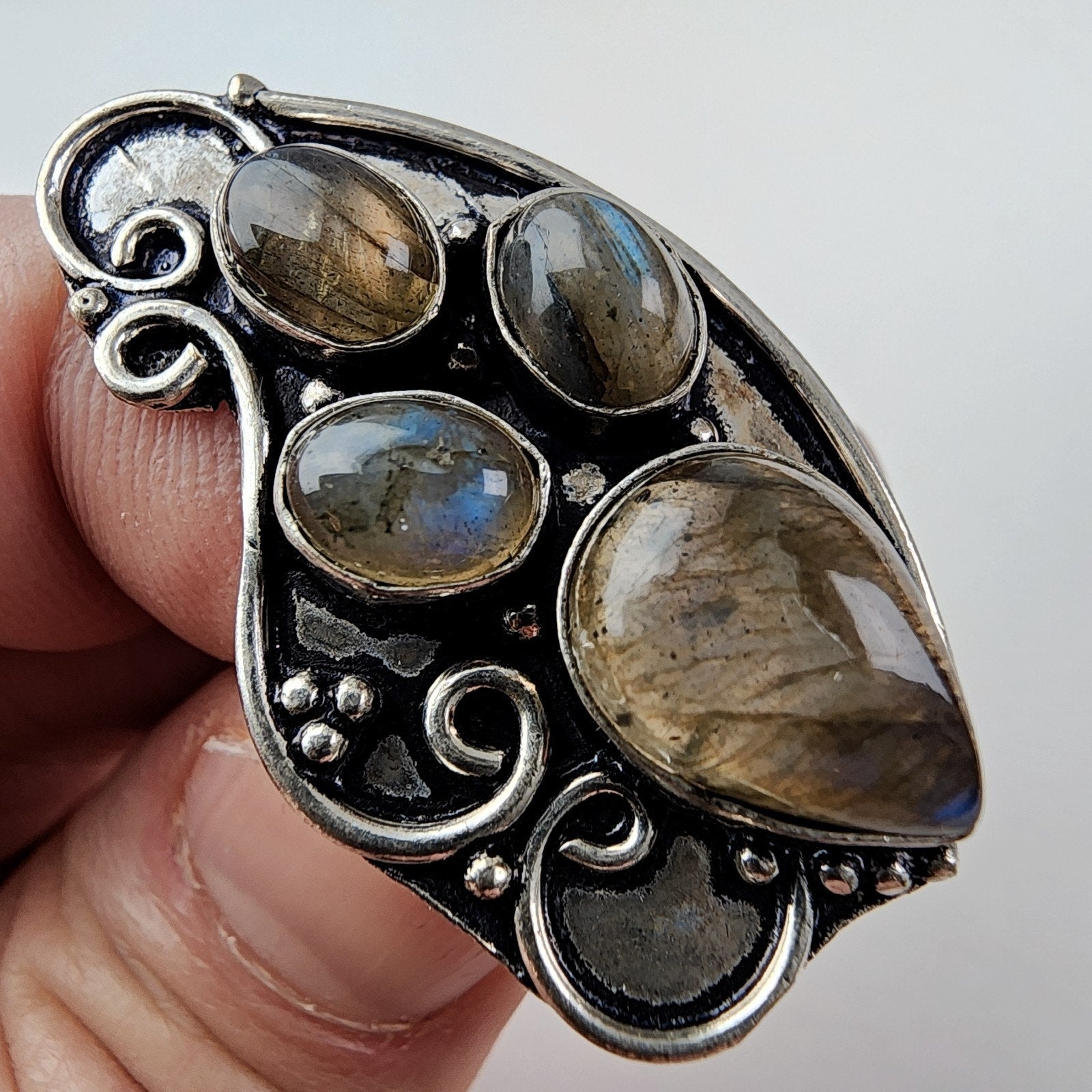 Rainbow Moonstone Shield Ring Size 7 Sterling Silver 925 Vintage