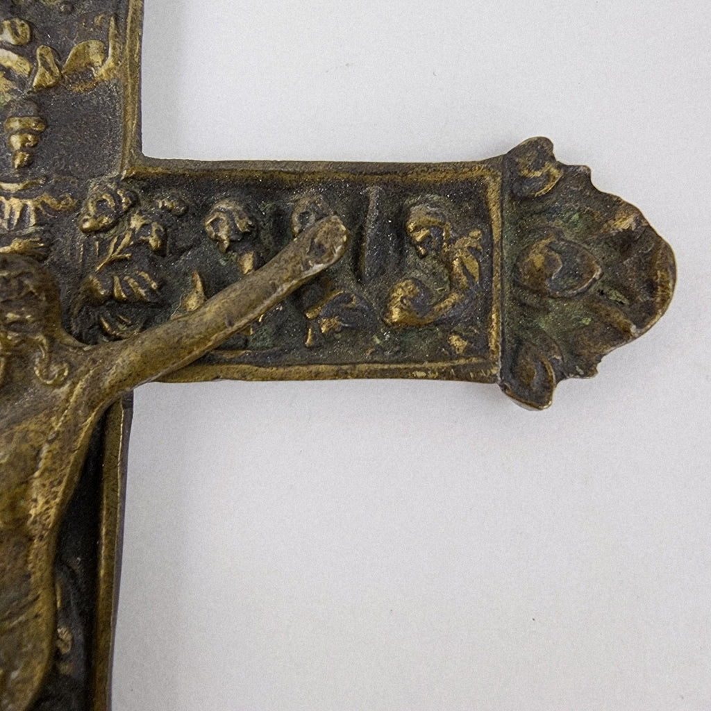 19th C European Baroque Bronze Crucifix Antique Relief Cross 7 1/2"
