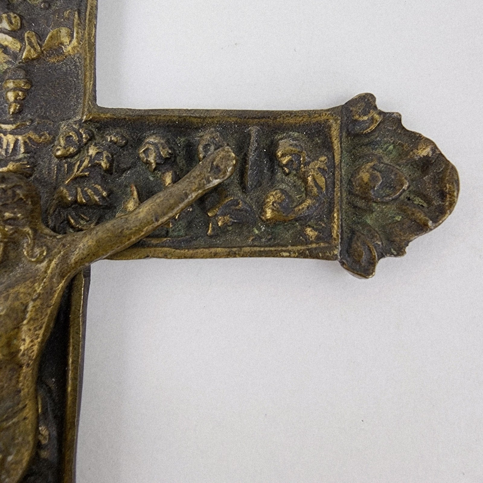 19th C European Baroque Bronze Crucifix Antique Relief Cross 7 1/2"