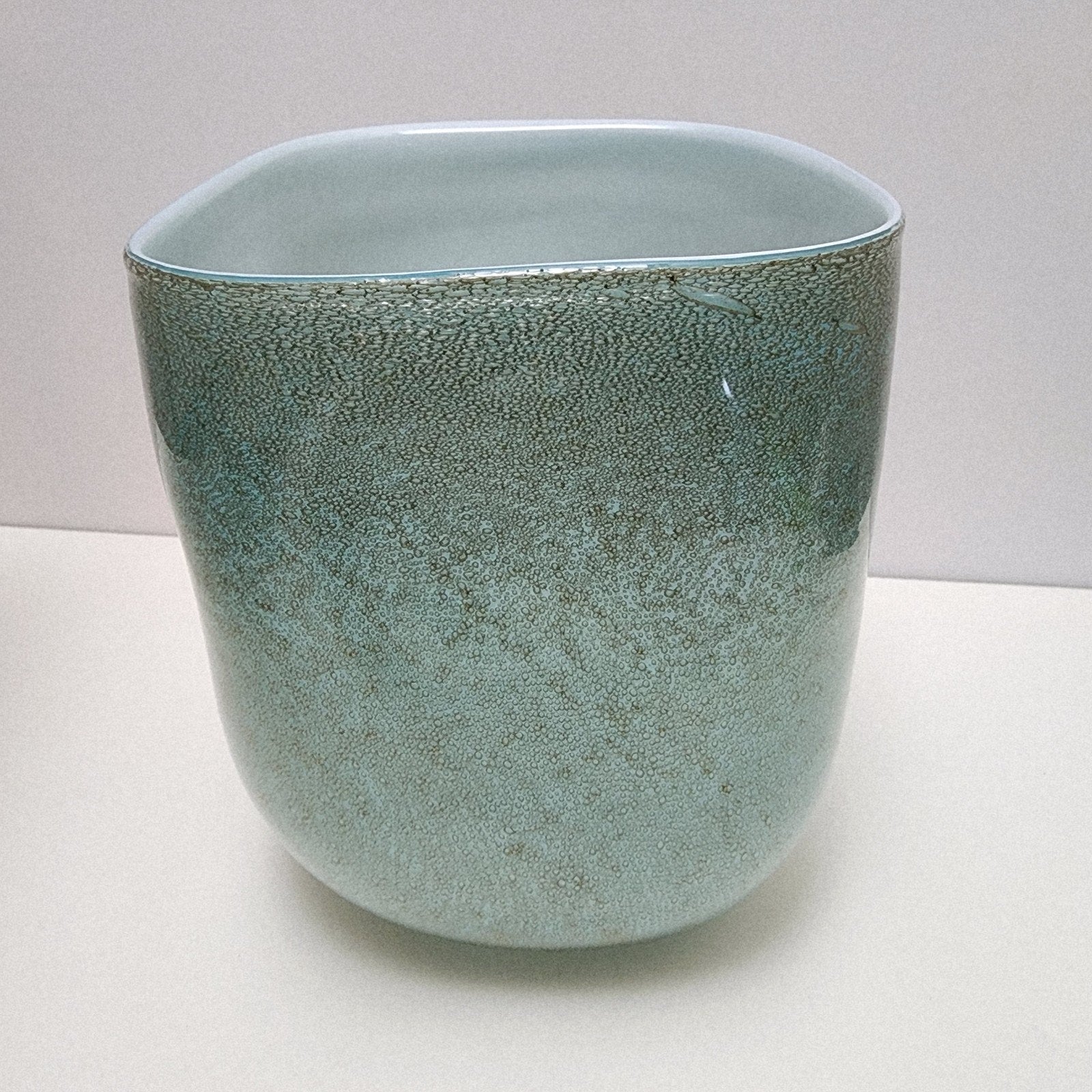 Seafoam Green Bubble Trap Art Glass Vase Hand Blown Square Vessel