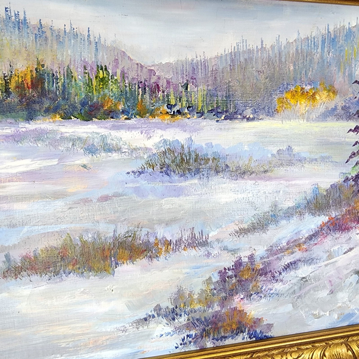 Impressionist Winter Landscape Scene Acrylic on Panel in Gilded Frame Unsigned