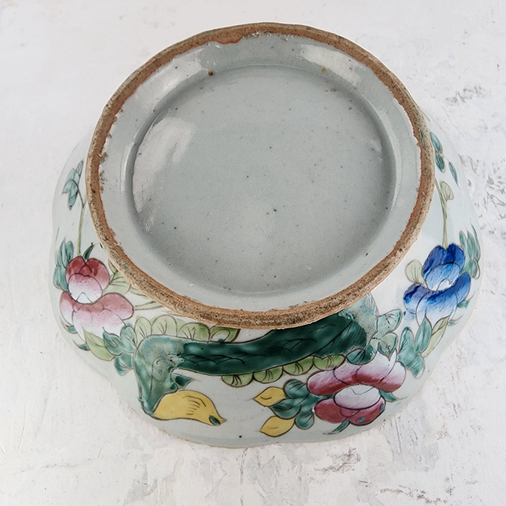 19th C Chinese Famille Rose Scalloped Turquoise 8" Porcelain Bowl Qing Dynasty