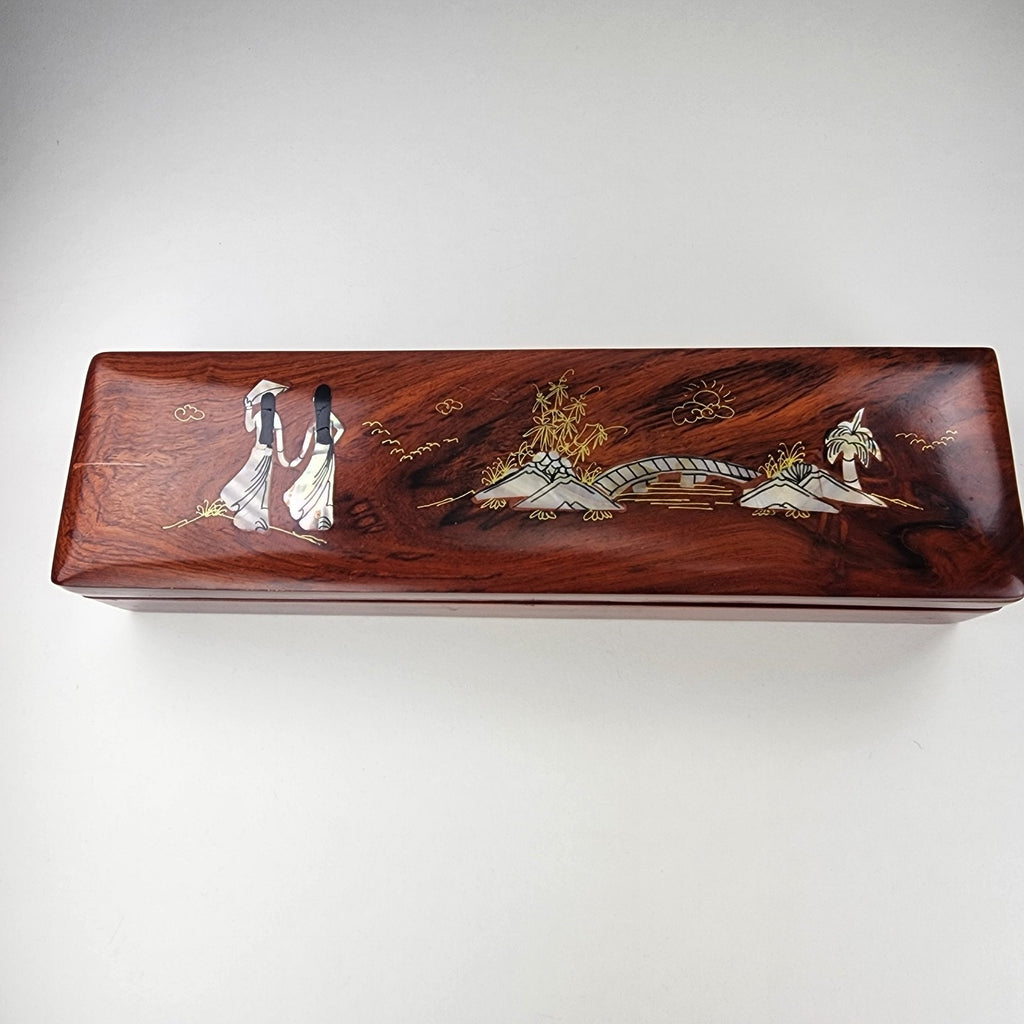 Chinese Chopstick Set of 10 in Mother of Pearl Inlay Lacquer Box with Rests