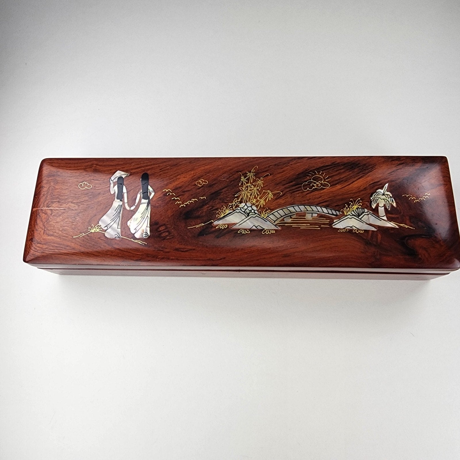 Chinese Chopstick Set of 10 in Mother of Pearl Inlay Lacquer Box with Rests