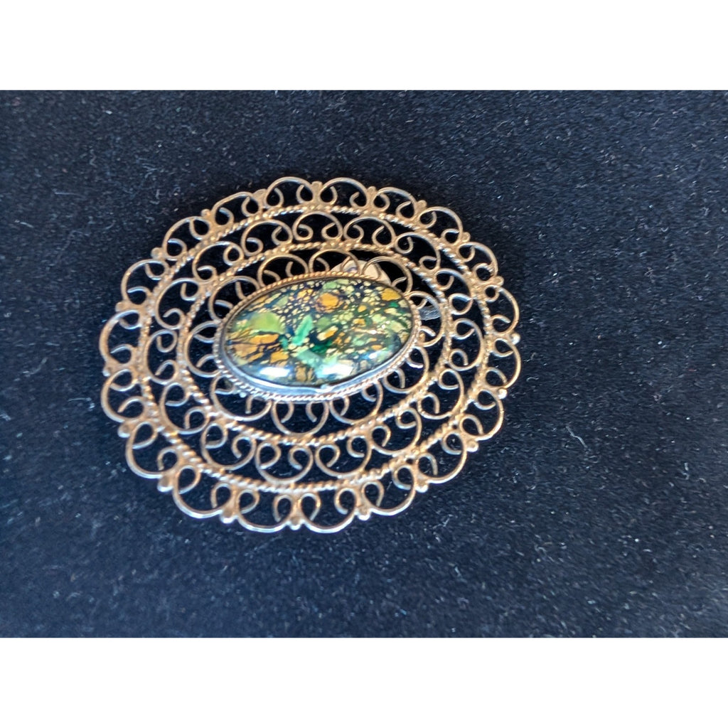Taxco MEXICO Filigree Dichroic Art Glass Sterling Silver 925 Pendant Broch