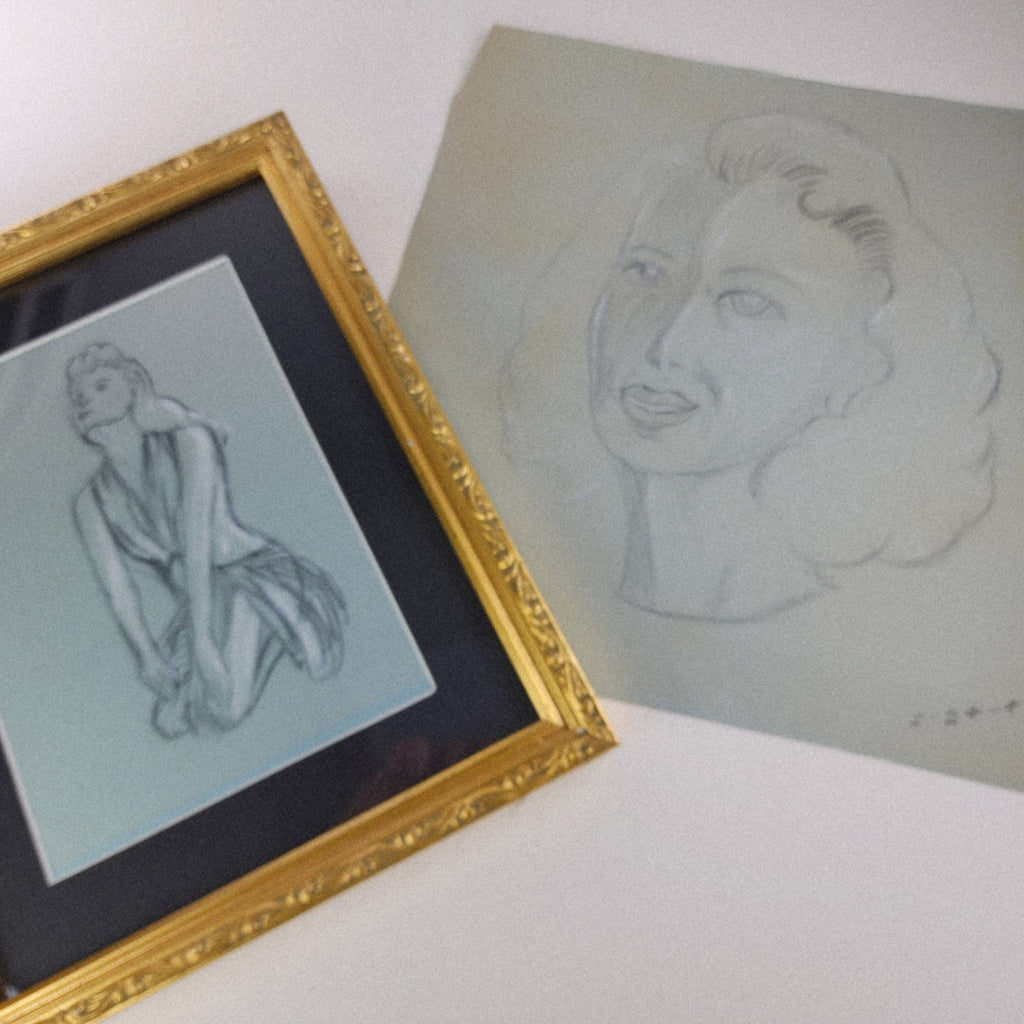 1945 Pair of PinUp Charcoal Pencil Sketches Female Figure Portrait Gold Frame
