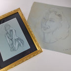 1945 Pair of PinUp Charcoal Pencil Sketches Female Figure Portrait Gold Frame