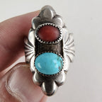 Native Turquoise & Coral Sandcast Ring Size 8 1/2 in Sterling Silver 925