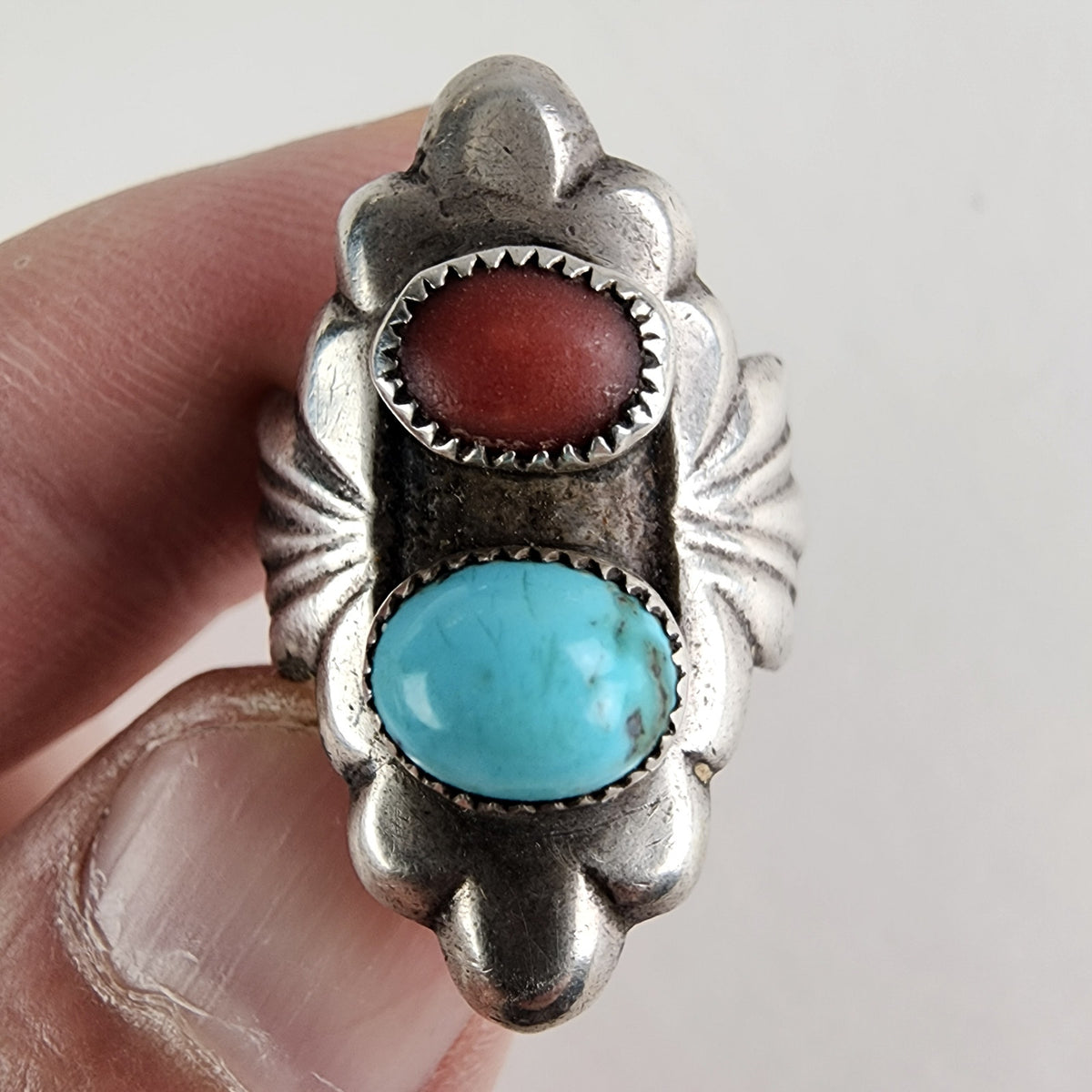 Native Turquoise & Coral Sandcast Ring Size 8 1/2 in Sterling Silver 925