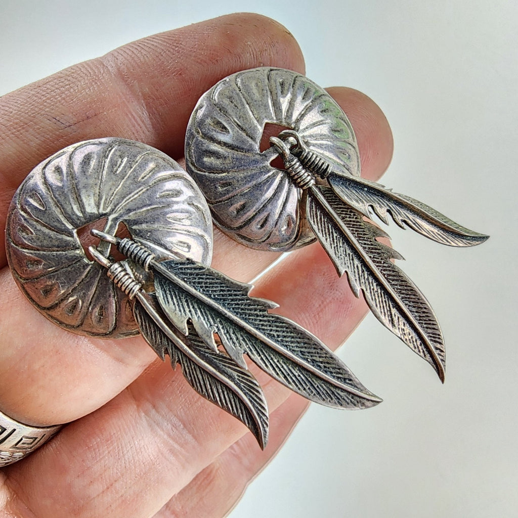 Old Pawn Stamped Feather Concho Earrings Sterling Silver 925 Native Vintage