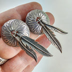 Old Pawn Stamped Feather Concho Earrings Sterling Silver 925 Native Vintage