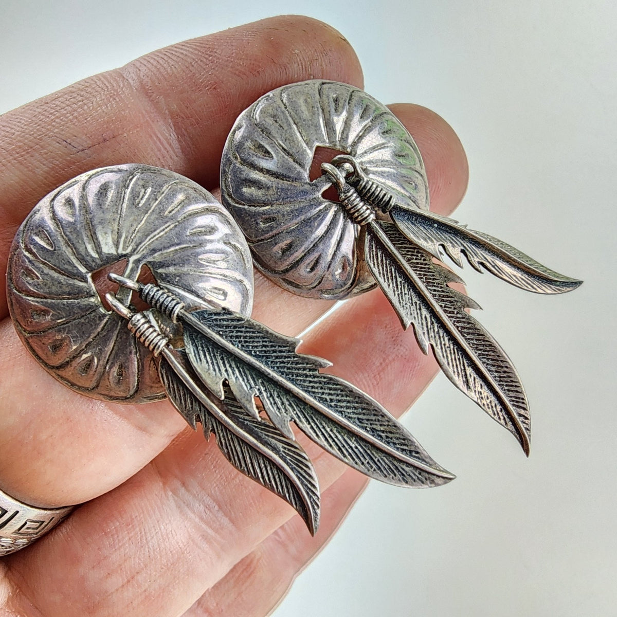Old Pawn Stamped Feather Concho Earrings Sterling Silver 925 Native Vintage