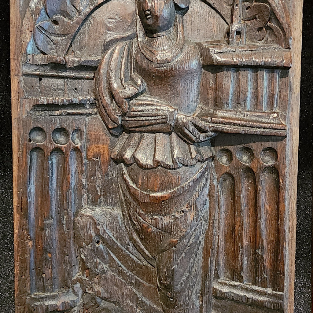 16th C Saint Barbara w Tower Wood Panel France Framed Renaissance Hand Carved