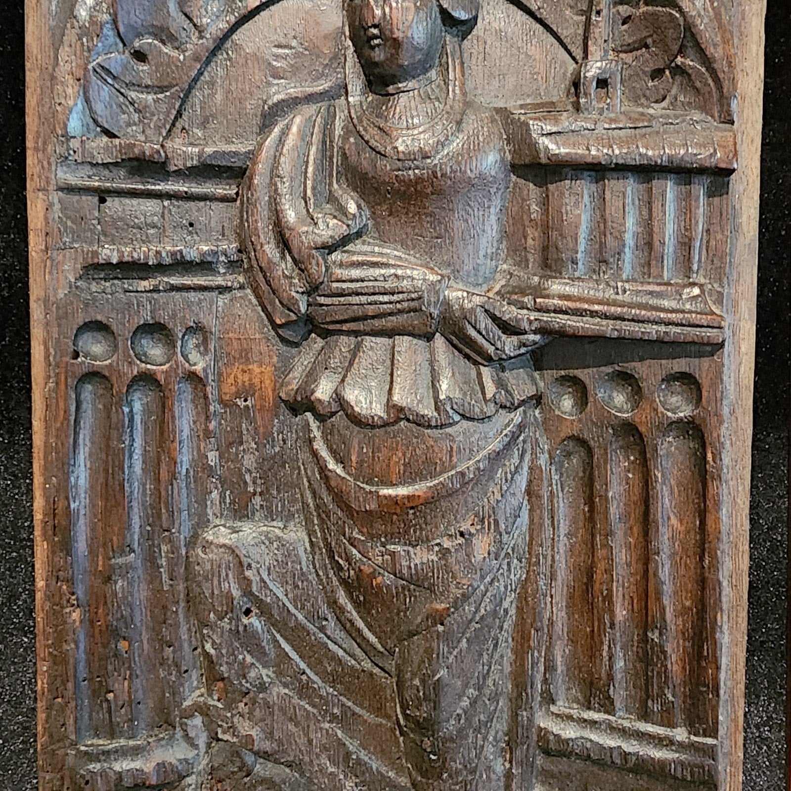 16th C Saint Barbara w Tower Wood Panel France Framed Renaissance Hand Carved