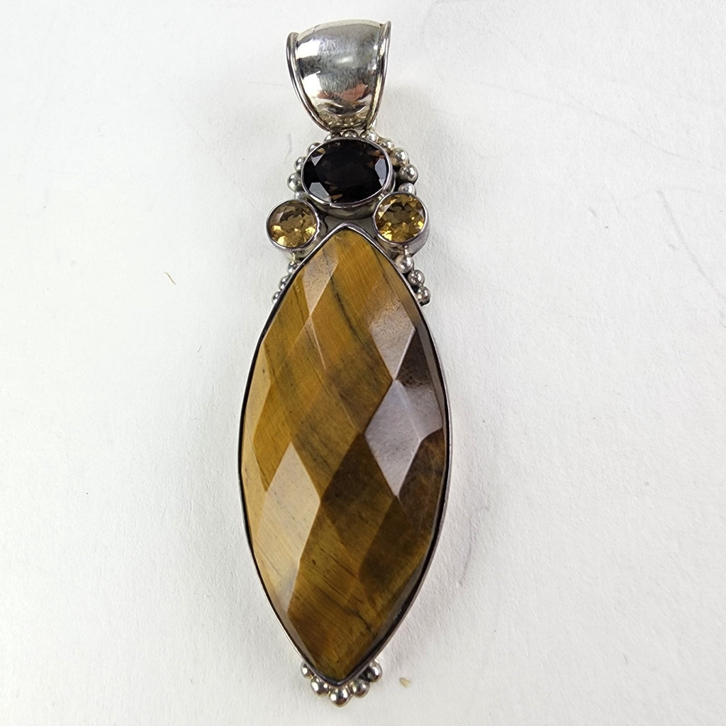 Marquise Cut Faceted Tigers Eye Citrine & Garnet Sterling Silver 925 Pendant XL