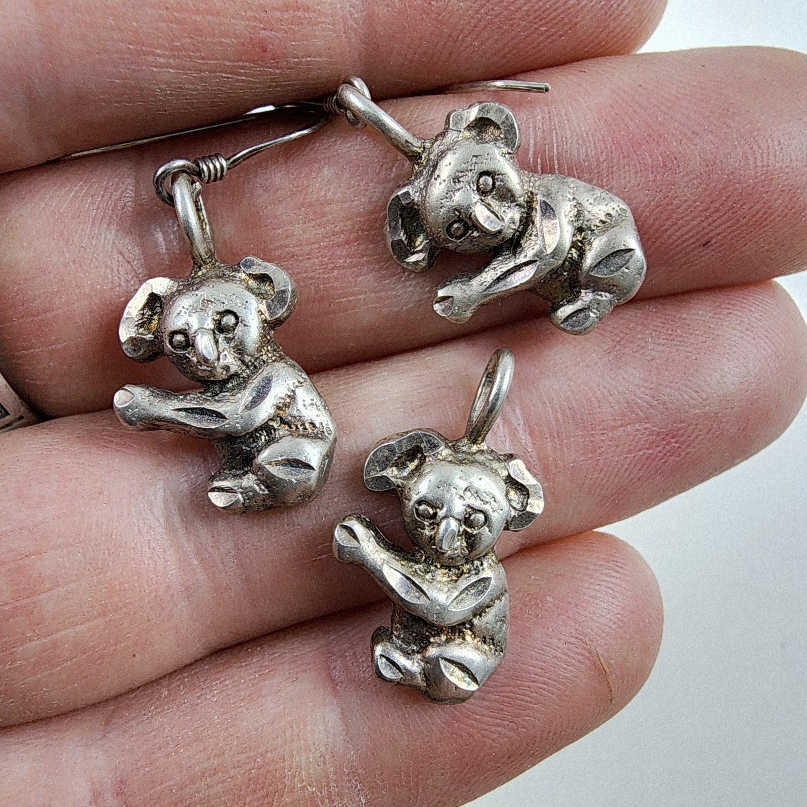 Koala Bear Earring & Pendant Set Diamond Cut Sterling Silver 925 Vintage