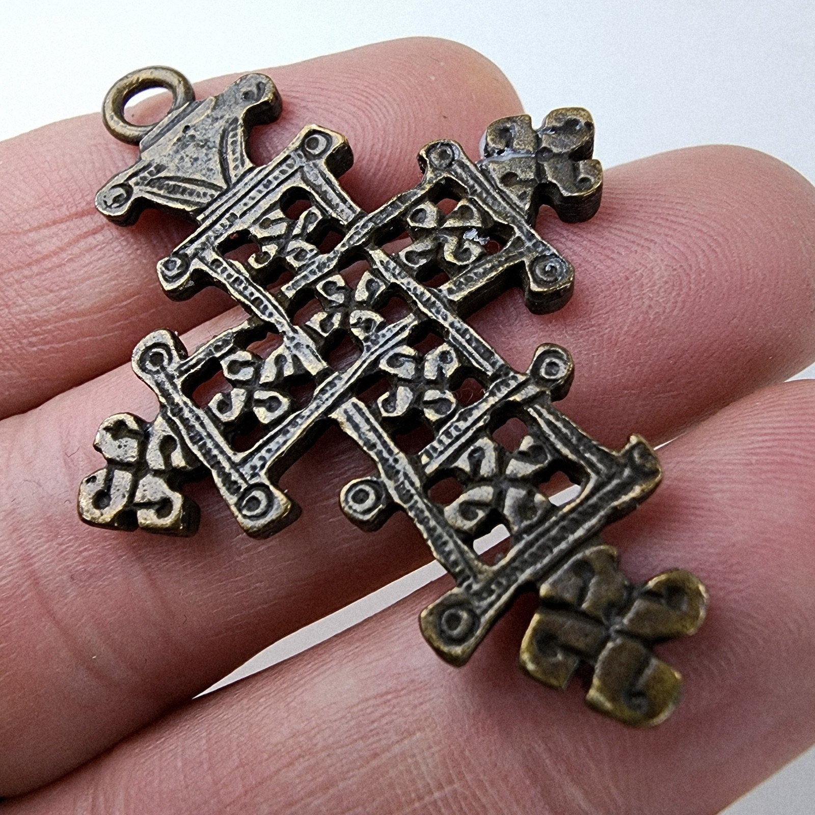 2" Traditional Ethiopian Brass Coptic Cross Hand Carved Crucifix
