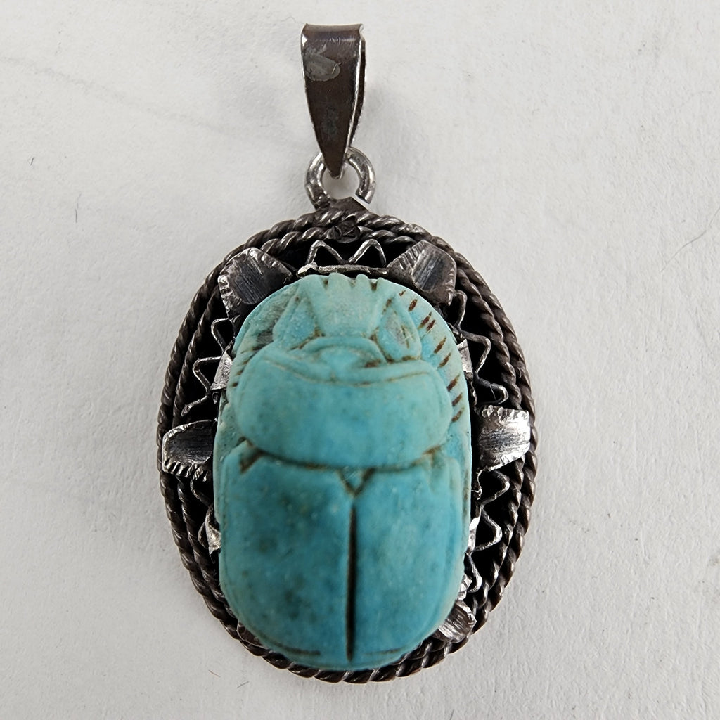 Steatite Egyptian Scarab Beetle Sterling Silver 925 Faience Pendant