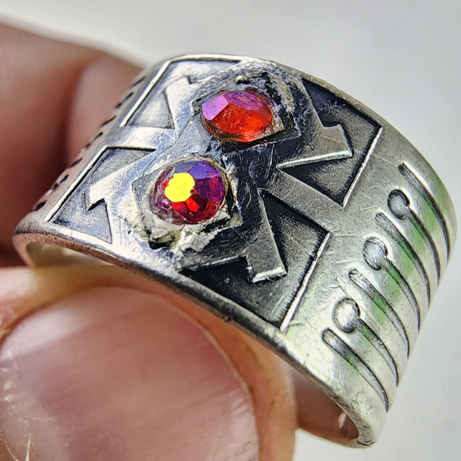 Dichroic Modernist Russian Ring Adjustable Size 8 1/2 Sterling Silver 875