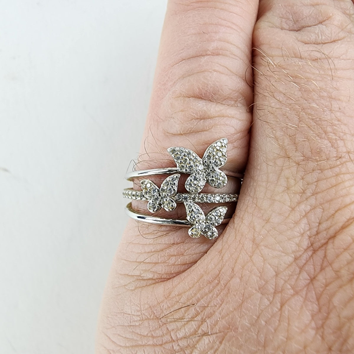 Triple Butterfly Pave Diamond Ring Size 9 Sterling Silver 925 Vintage