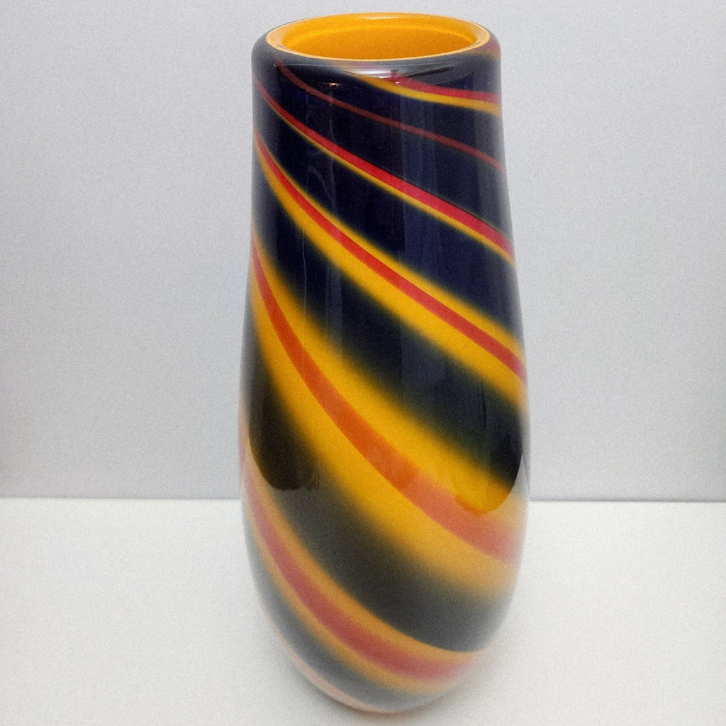 15" Orange and Blue Swirl Spiral Glass Flower Vase Hand Blown Vintage