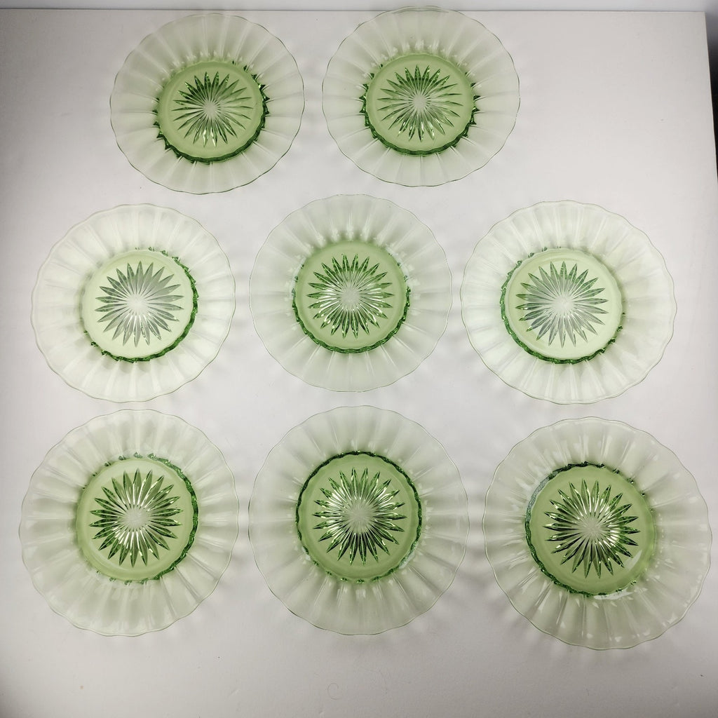 6" Heisey Ridge & Star Green Depression Glass Plate Set of 8