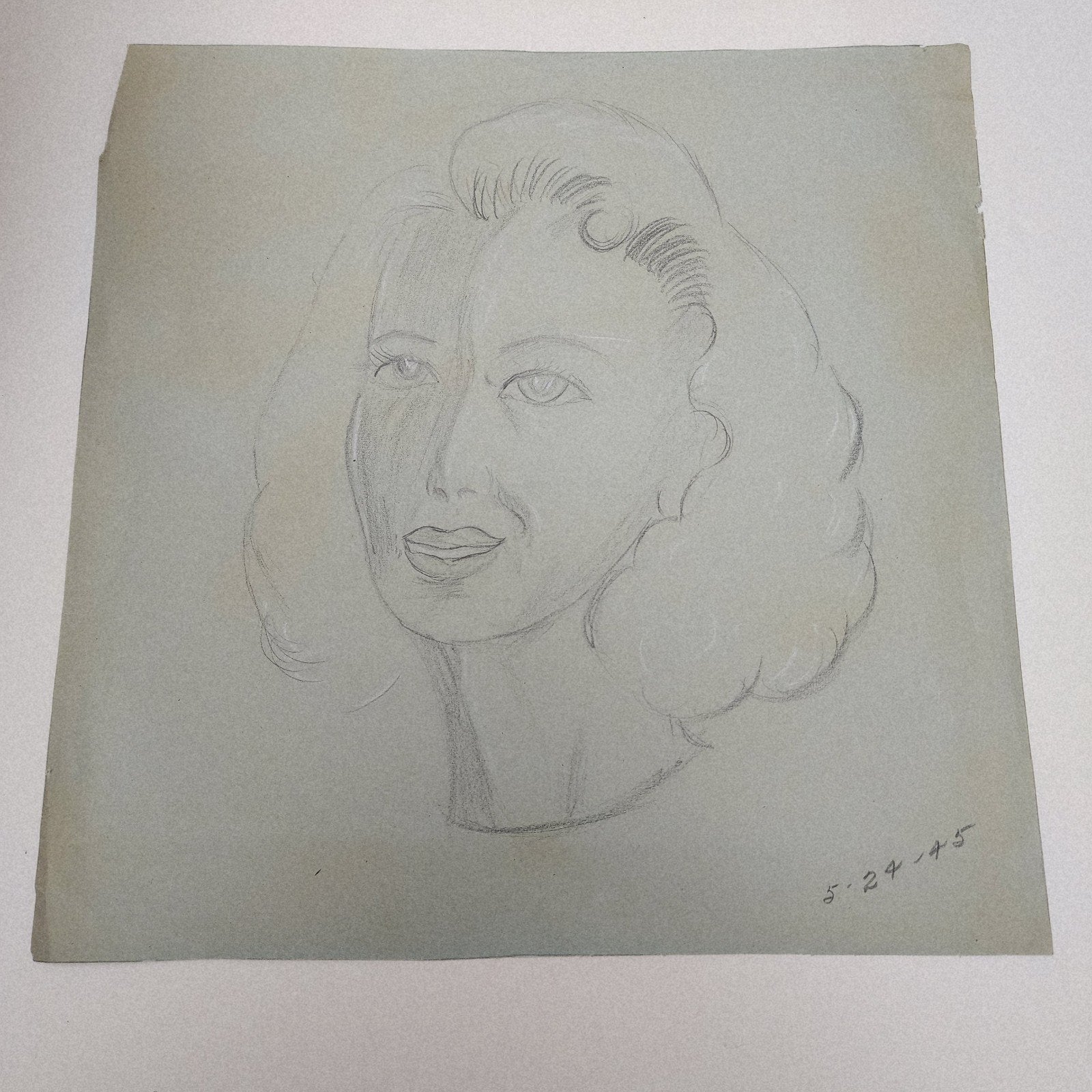 1945 Pair of PinUp Charcoal Pencil Sketches Female Figure Portrait Gold Frame