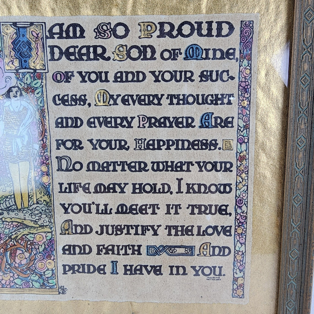 Hand Illuminated Gilded Devotional Parchment Print to Son Original Box Antique