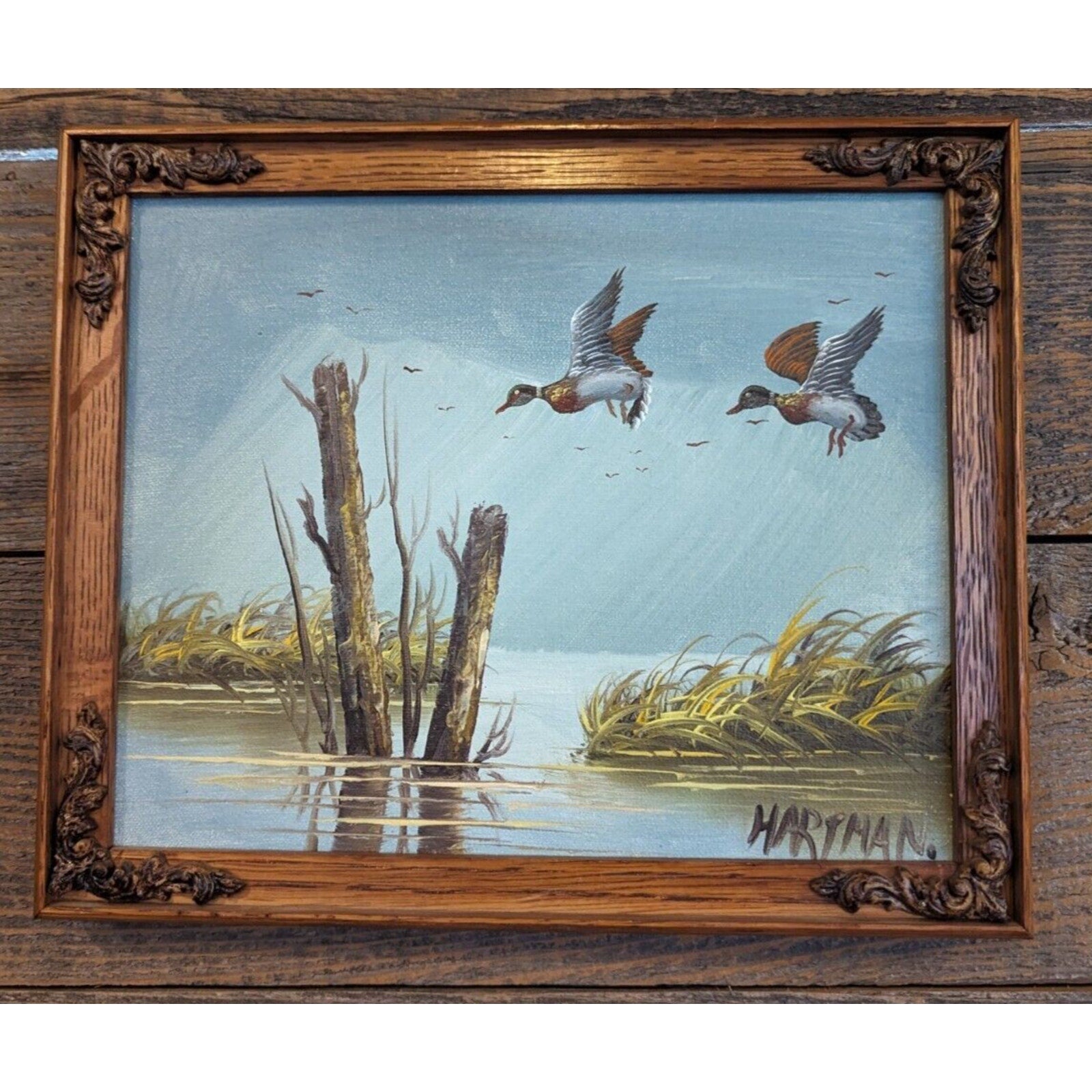 Duck Painting signed Hartman Mid Century Framed Acrylic on Panel 9" x 11"