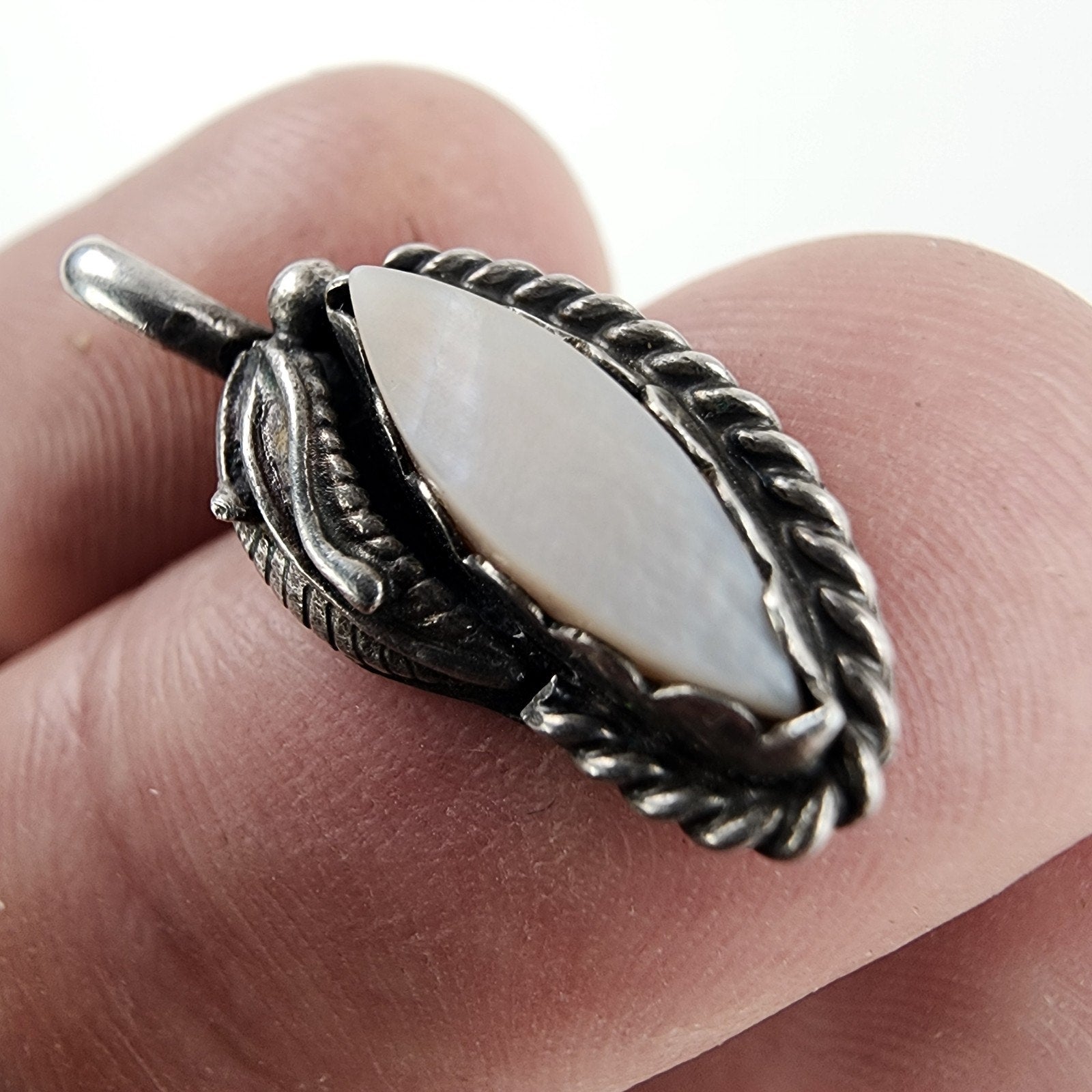 Native Mother of Pearl Leaf Pendant Charm Sterling Silver 925 Old Pawn