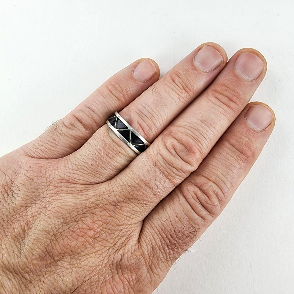 Black Onyx Inlay Band Ring Size 10 1/2 Sterling Silver 925 Vintage