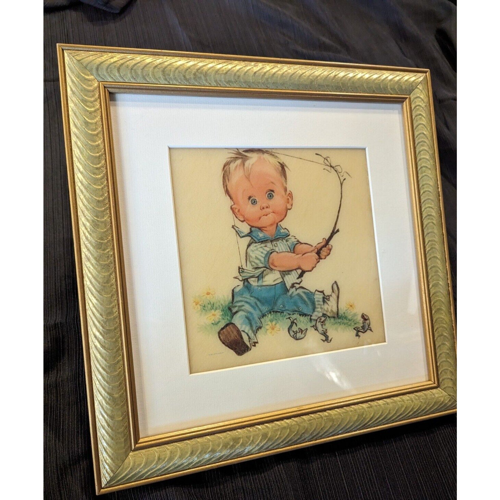 Framed Pete Hawley Sweet Boy Fishing Plaque Art MCM