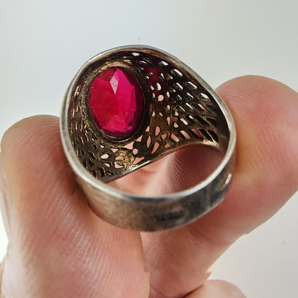 5ct Ruby Russian Mens Ring Size 7 1/2 Sterling Silver 875 Vintage Basketweave