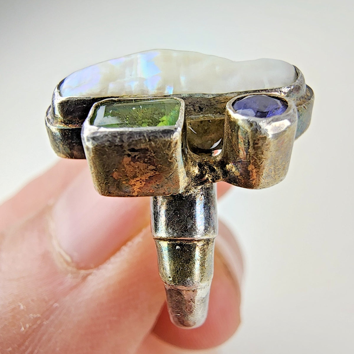 Baroque Freshwater Pearl Peridot & Amethyst Ring Size 6 1/2 Sterling Silver 925
