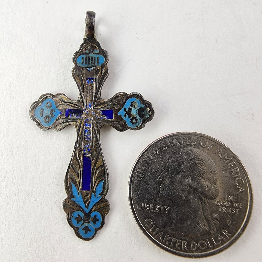 Russian Imperial Enamel 84 Silver 875 Cross Crucifix Antique Pendant