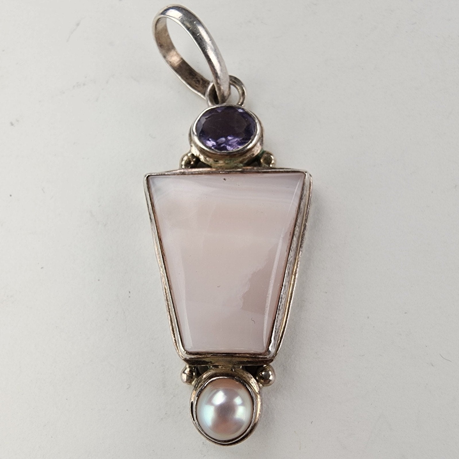 Pink Rhodonite Pearl & Amethyst Pendant Sterling Silver 925 Vintage