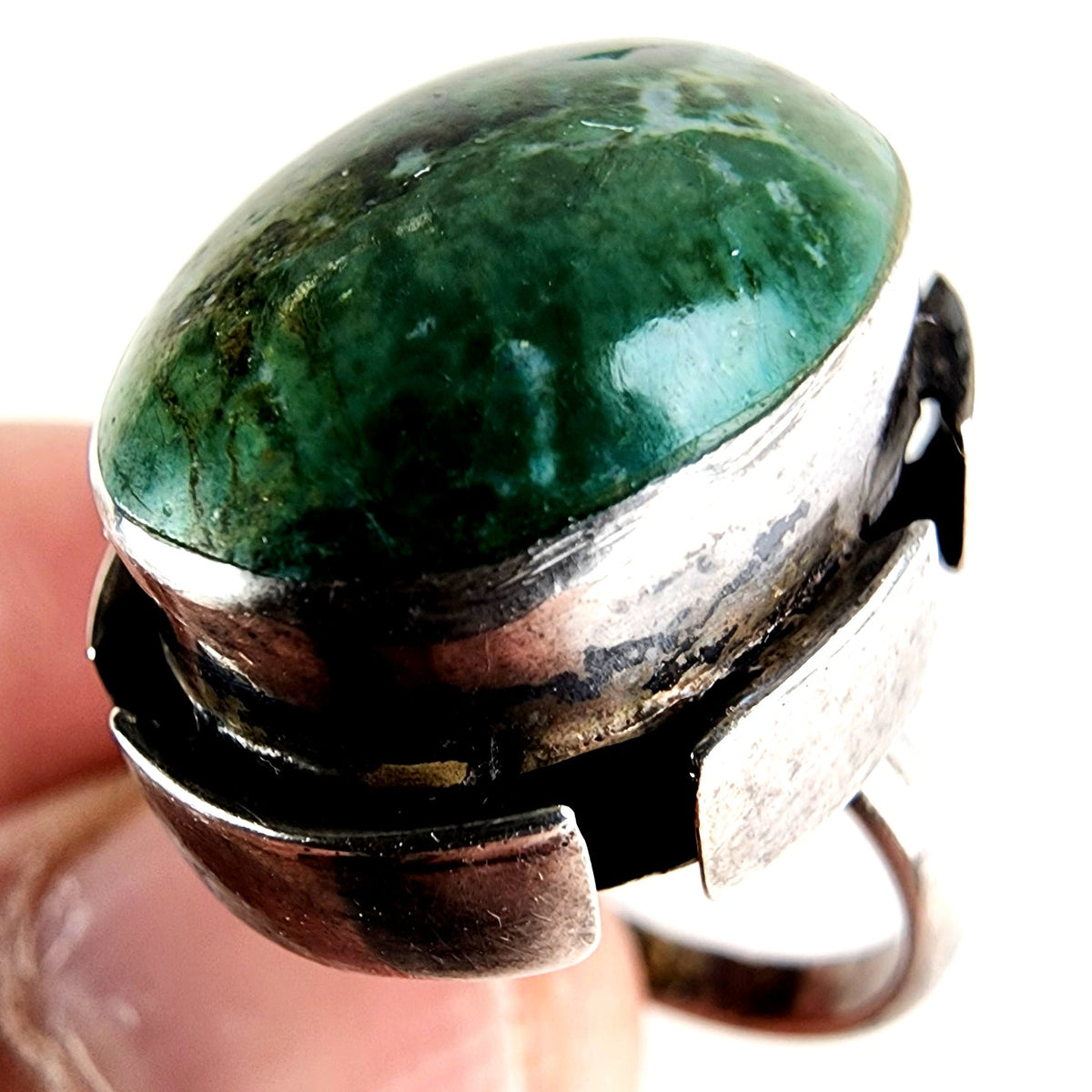 Taxco Mexico Green Agate Ring Size 5 1/2 in Sterling Silver 925 Vintage
