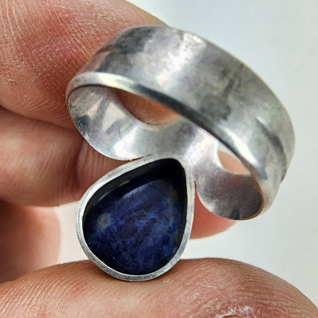 Denim Lapis Modernist Drop Ring Size 9 1/2 Sterling Silver 925 Vintage