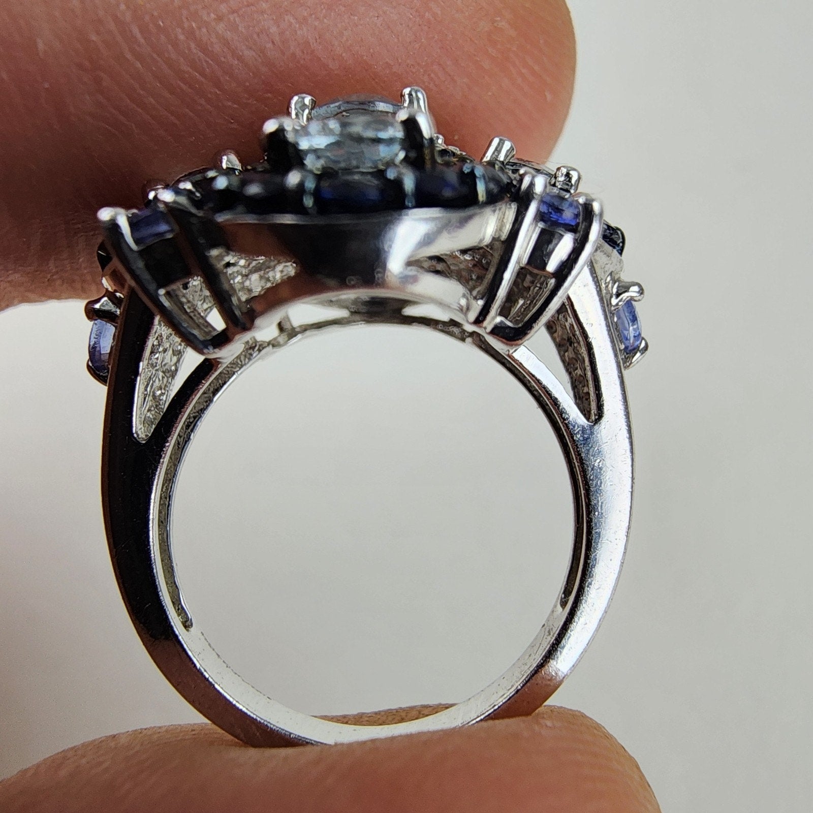 Blue & White Sapphire Cluster Halo Ring Size 5 Sterling Silver 925 Vintage
